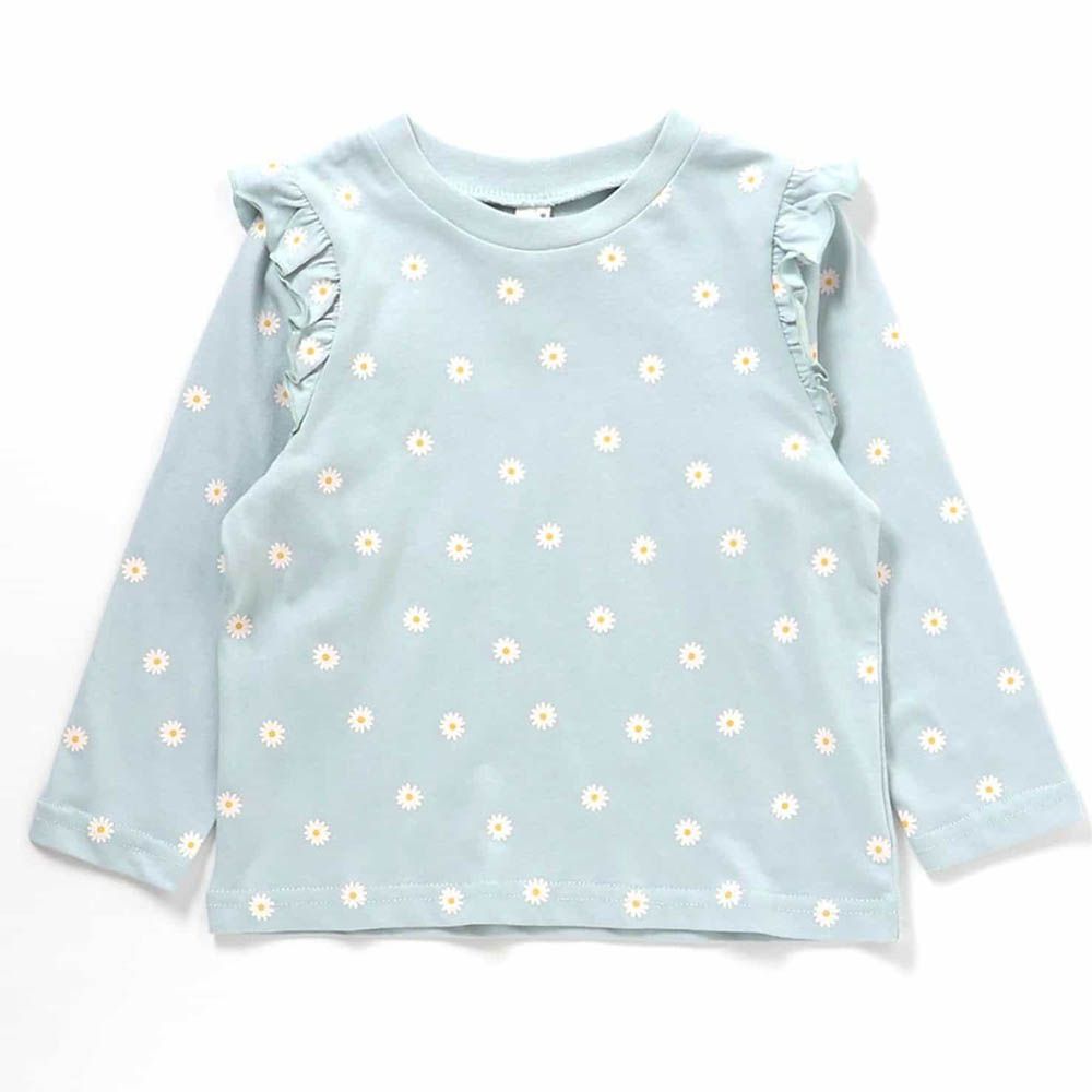 天天穿荷葉肩印花長袖上衣-滿版小花-淺水藍