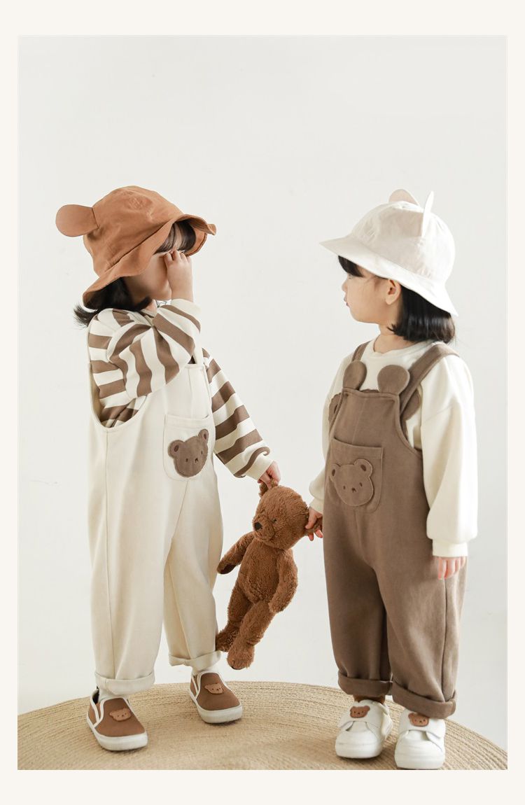 童趣造型吊帶長褲-熊熊小口袋-米白色