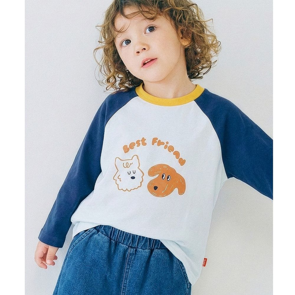 手繪塗鴉狗狗拼色長袖上衣-海軍藍X淺藍