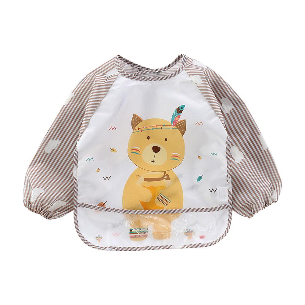 JoyNa - 3件入-動物條紋款長袖反穿衣 防髒防水圍兜-小熊+隨機2件 (適合1-3歲)