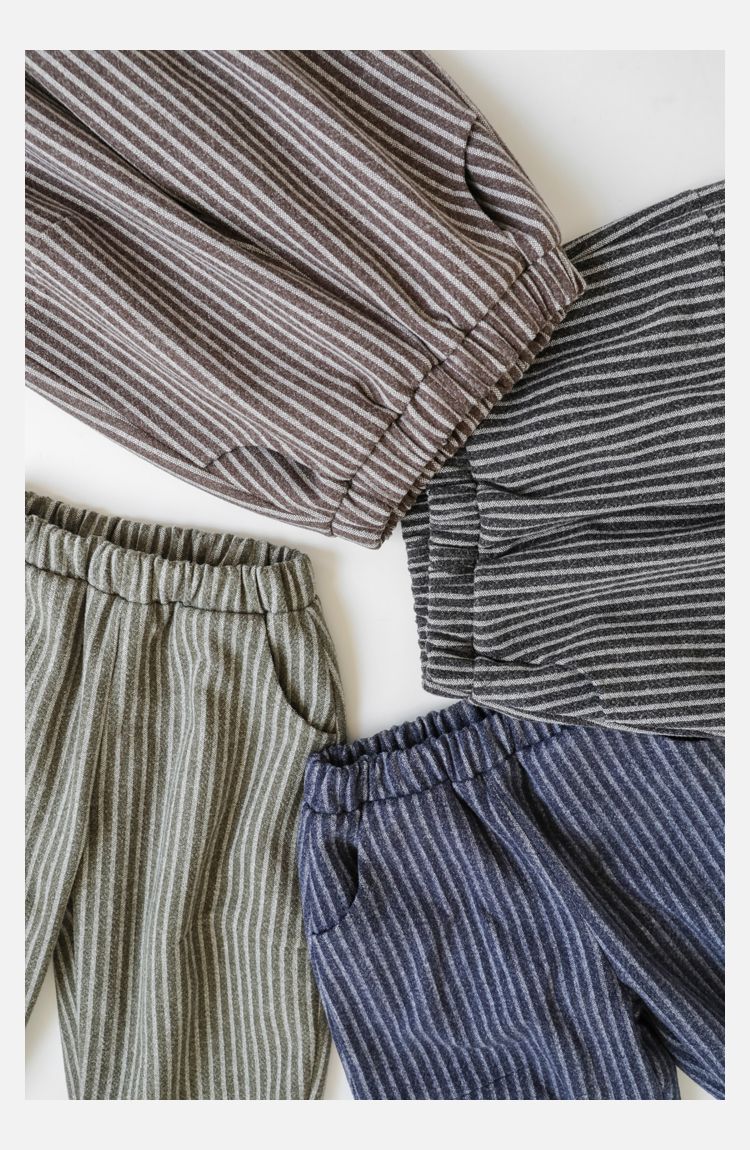 TONGMO - (加絨)小紳士腰鬆緊休閒條紋寬褲-黑+灰