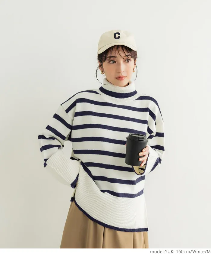 日本 COCA - 時尚條紋針織高領毛衣-白x黑