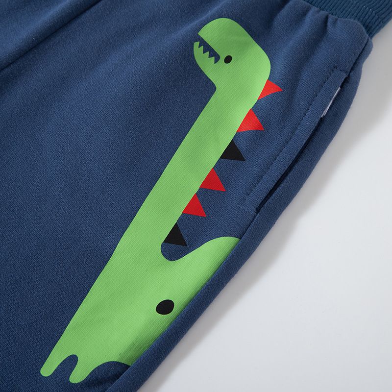 純棉休閒長褲-綠色恐龍-深藍色