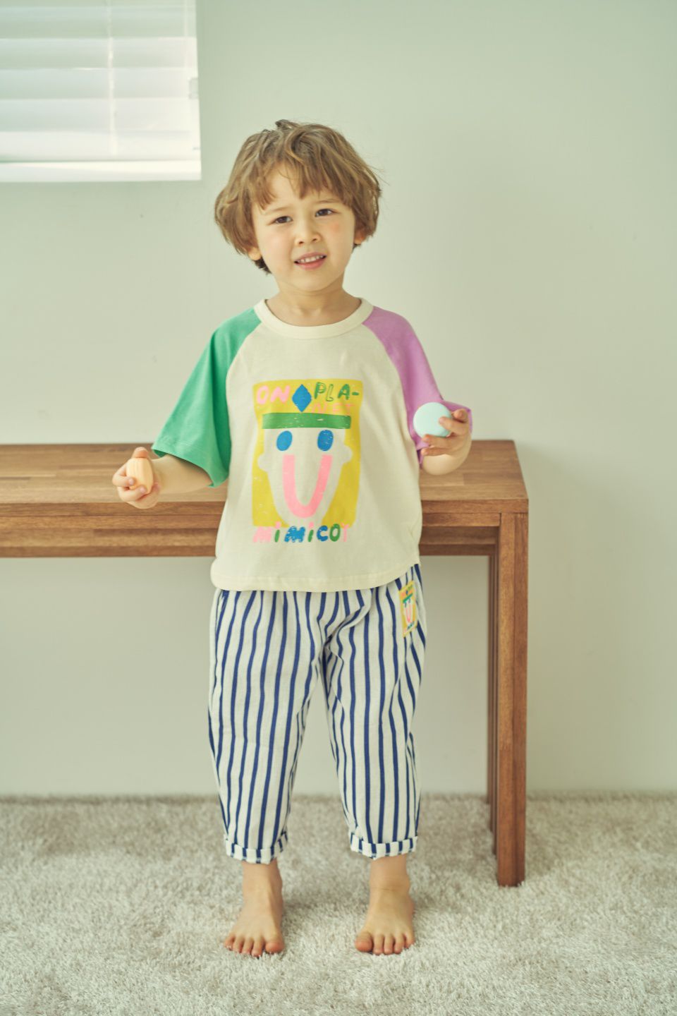 韓國 Mimico - 微笑徽章舒適純棉褲-紫格子