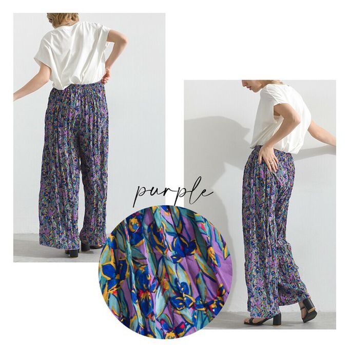 日本 le colis - 華麗藝文花卉飄逸感皺褶寬褲-黑藍系