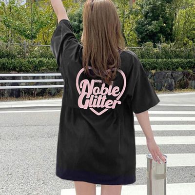 日本 GRL - 立體酷心型印花長版T恤-經典黑 (F)