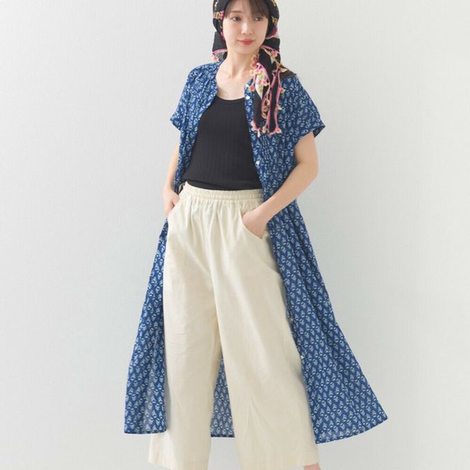 日本 OMNES - 100%印度棉 襯衫式印花短袖洋裝-紫版滿花