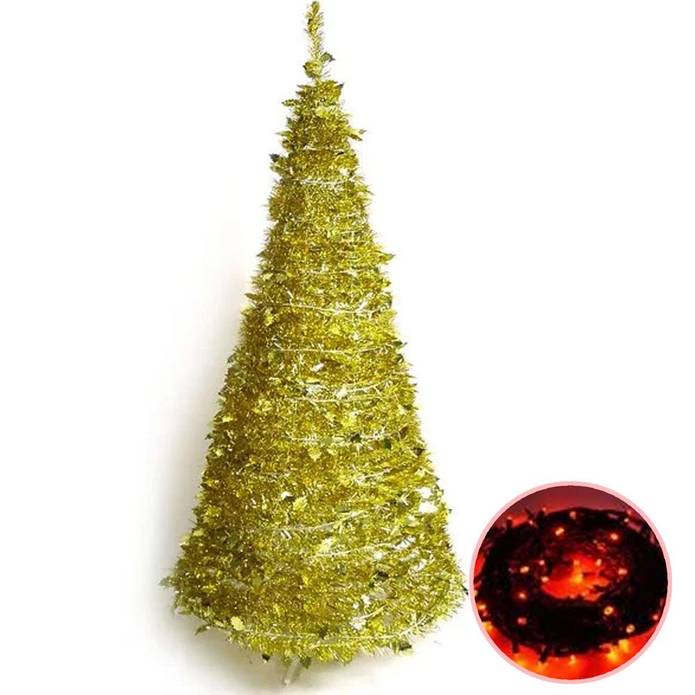 MODACore 摩達客 - 耶誕-4尺/4呎(120cm)創意彈簧摺疊聖誕樹(金色系)+LED100燈串(紅光)