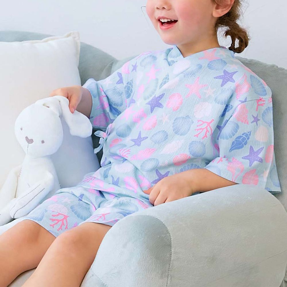 夏日風情涼爽紋理甚平套裝-粉彩貝殼-水藍