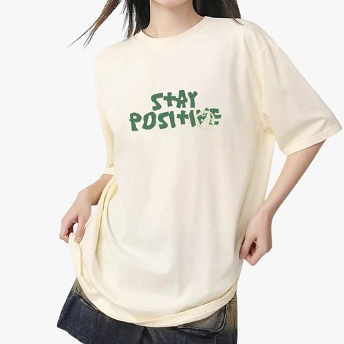 MXIAN - 純棉寬版印花T恤-STAY POSITIVE-杏色
