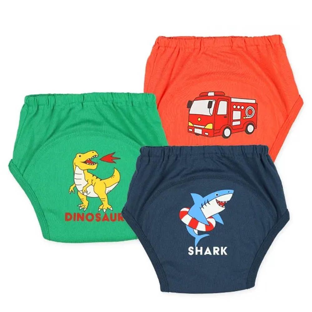 三層密縫式學習褲3件組-恐龍/鯊魚/消防車-紅綠藍