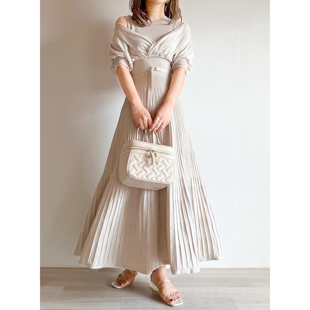 日本 GRL - 夢幻薄紗泡泡袖修身兩件式洋裝-淺米杏