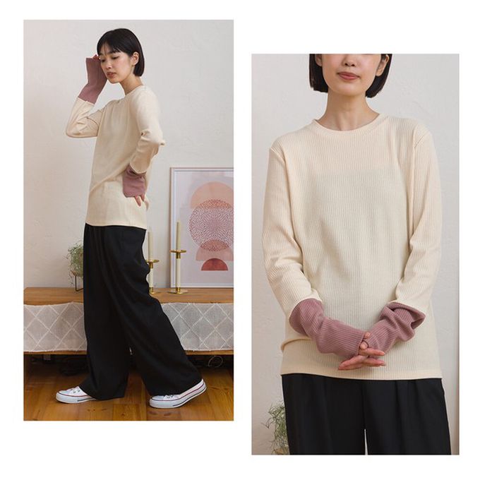 日本 OMNES - 低調簡約雙色羅紋長袖上衣-米白x粉