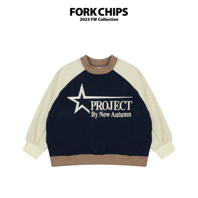 韓國 FORK CHIPS - 刺繡文字拼色長袖大學T-深藍