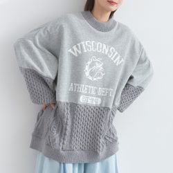 日本 Lupilien - 鬥牛犬印花粗針織拼接裏毛長袖上衣-淺灰