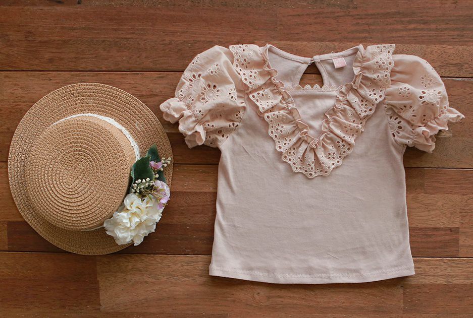 韓國 PuellaFLO - V字荷葉鏤空公主袖上衣-粉紅