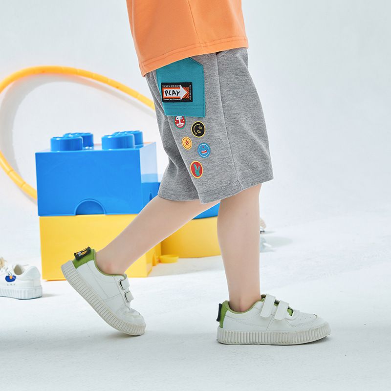 純棉休閒運動五分褲-刺繡小圓標籤-深藍色