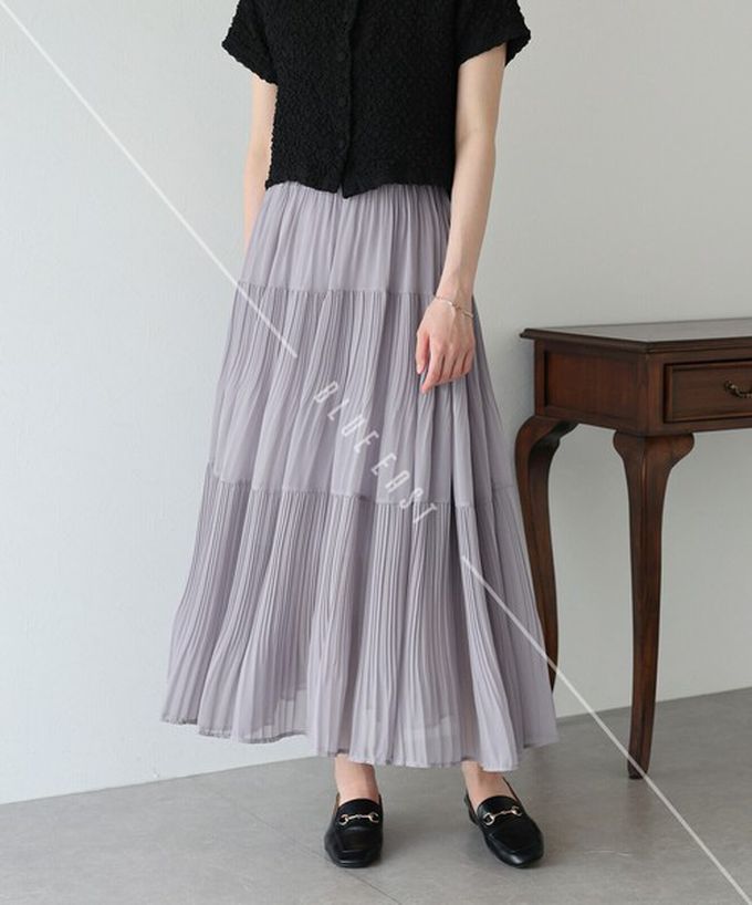 日本 BLUE EAST - 優雅細摺雪紡分層鬆緊長裙-淺紫 (M)