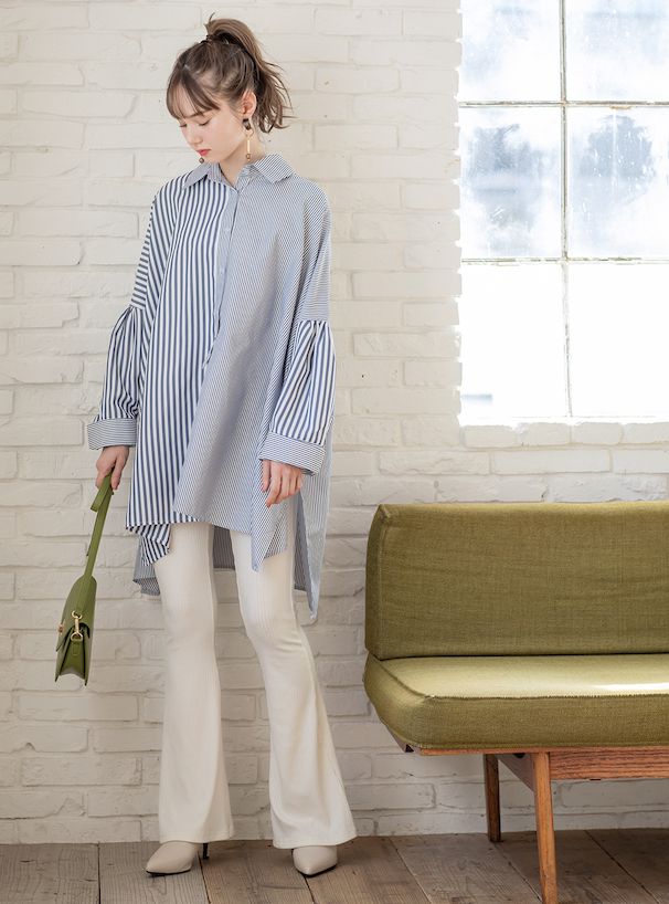 日本 GRL - 率性條紋拼接長版襯衫-海軍藍 (F)