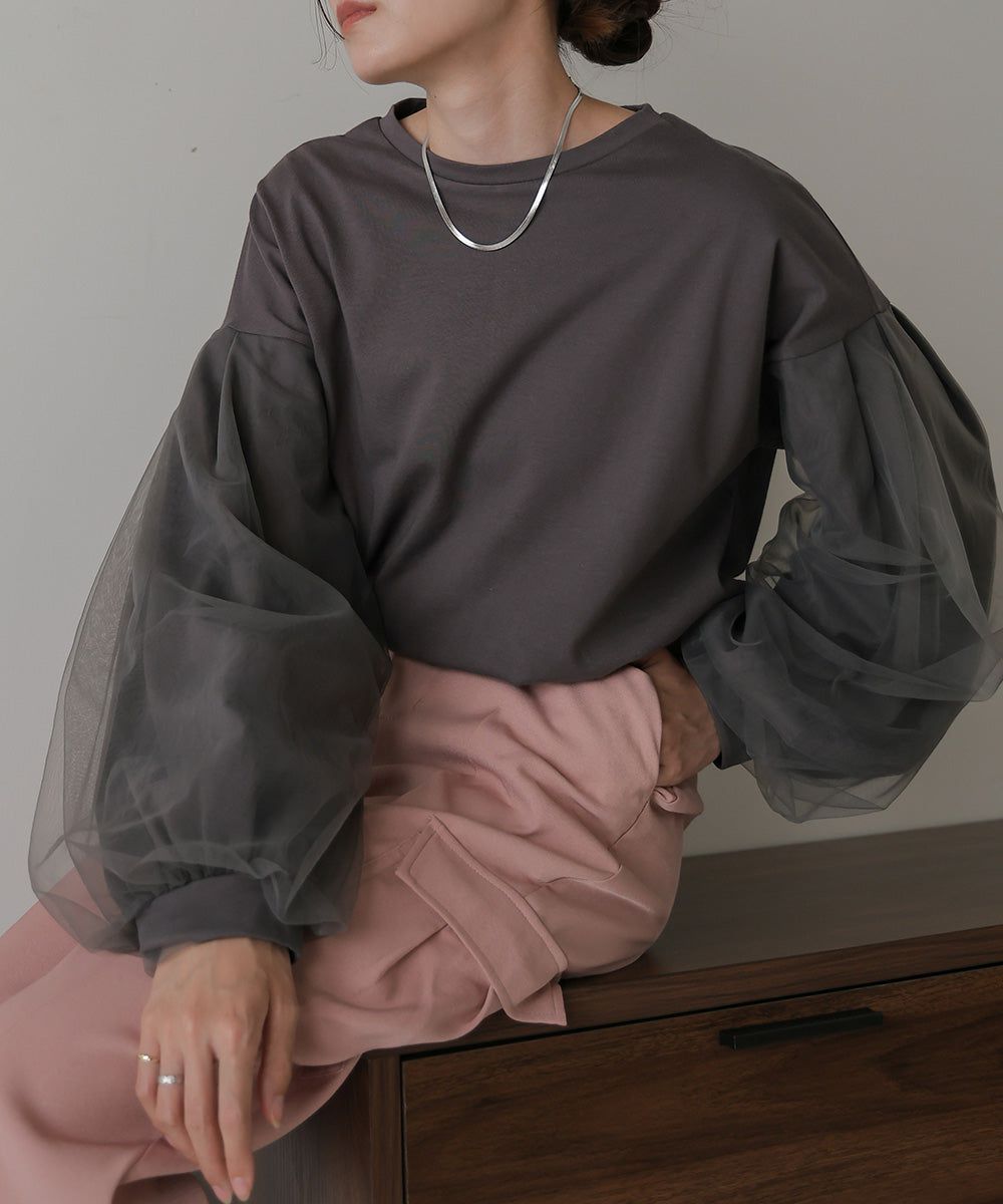 日本 Bab - 優雅拼接薄紗長袖上衣-深灰