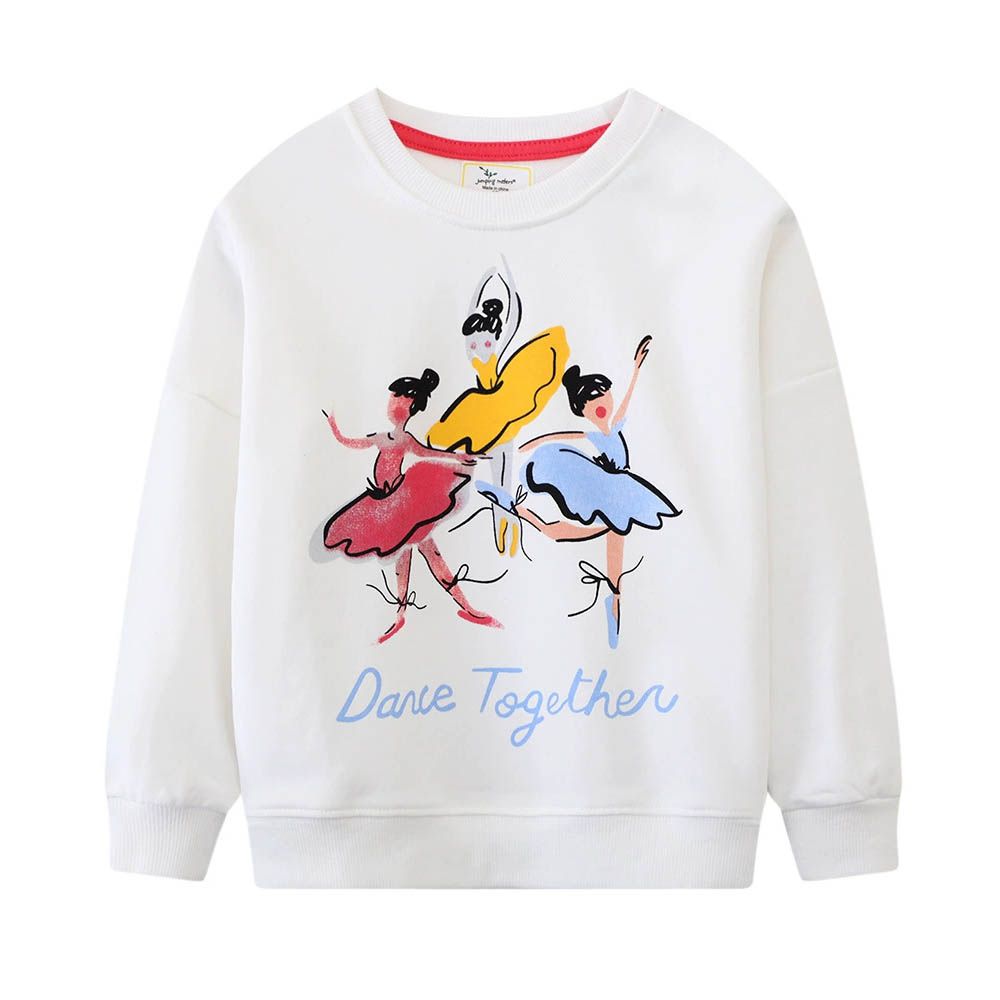 棉質圓領長袖上衣/大學T-一起跳舞-白色