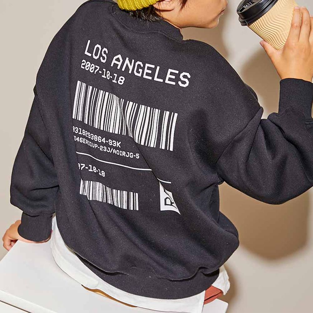 裏起毛個性印花大學T-條碼-黑