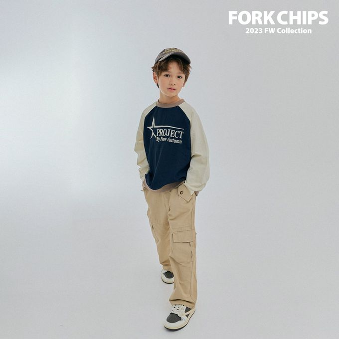 韓國 FORK CHIPS - 刺繡文字拼色長袖大學T-深藍