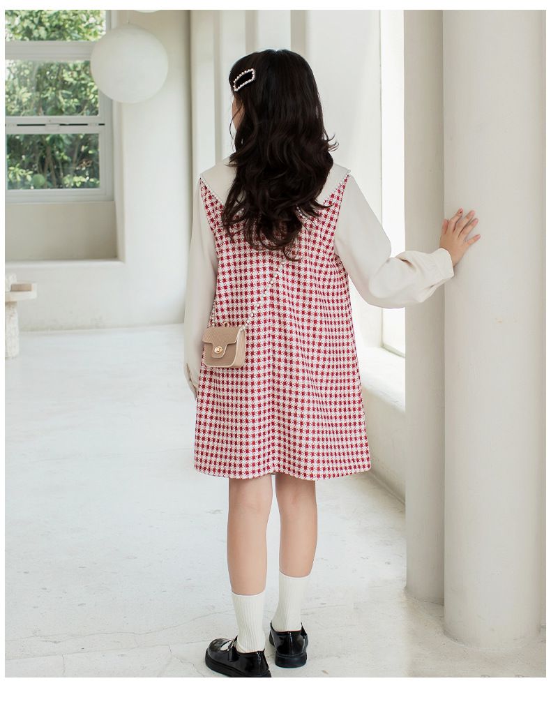 娃娃領泡泡袖格子洋裝-贈小包包-紅+白