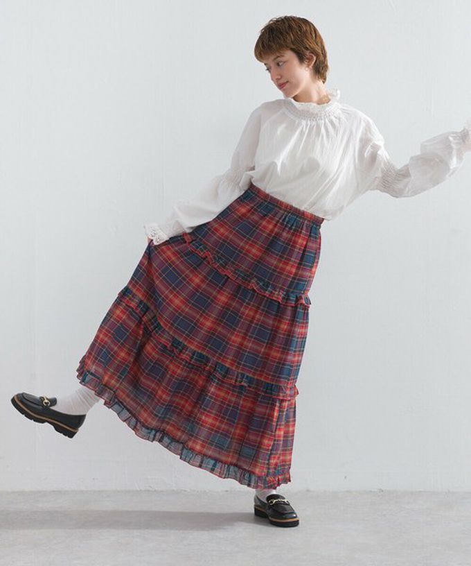 日本 Lupilien - 精緻格紋輕盈感分層俏麗長裙-紅