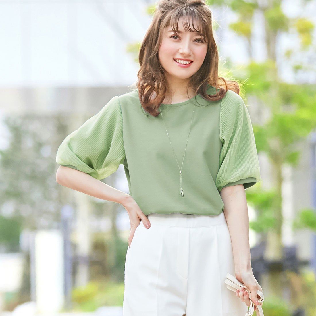 日本 BELLUNA - 抗UV 四機能薄紗泡泡五分袖上衣-薄荷