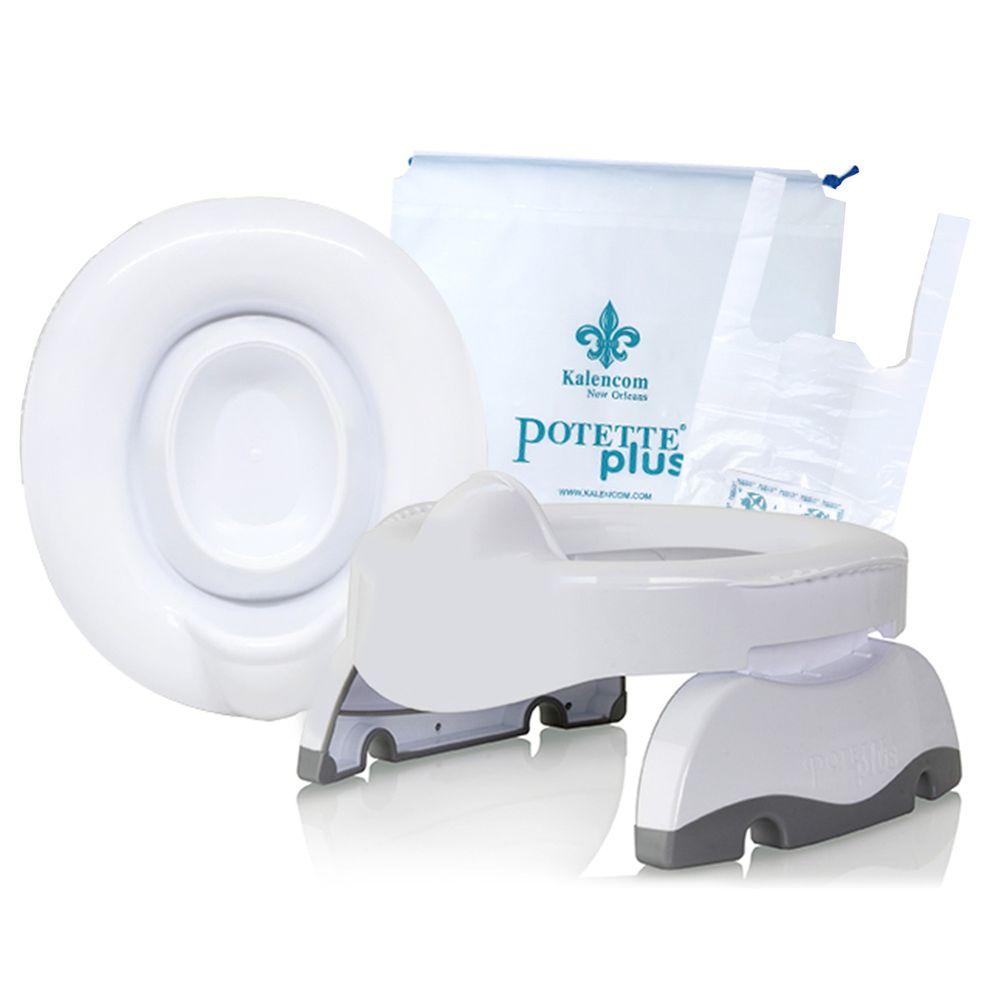 美國 Potette Plus - 進階版可攜式馬桶-白色+進階版家用專屬防漏盆-白色+拋棄式防漏袋10入裝)