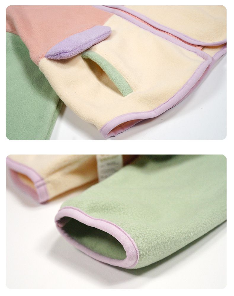 Minizone - 搖粒絨連帽拼色長袖外套-太空兔兔-黃+綠