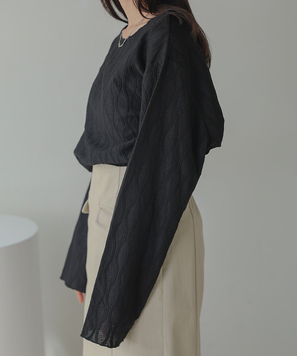 日本 Bab - 質感波紋薄長袖上衣-黑