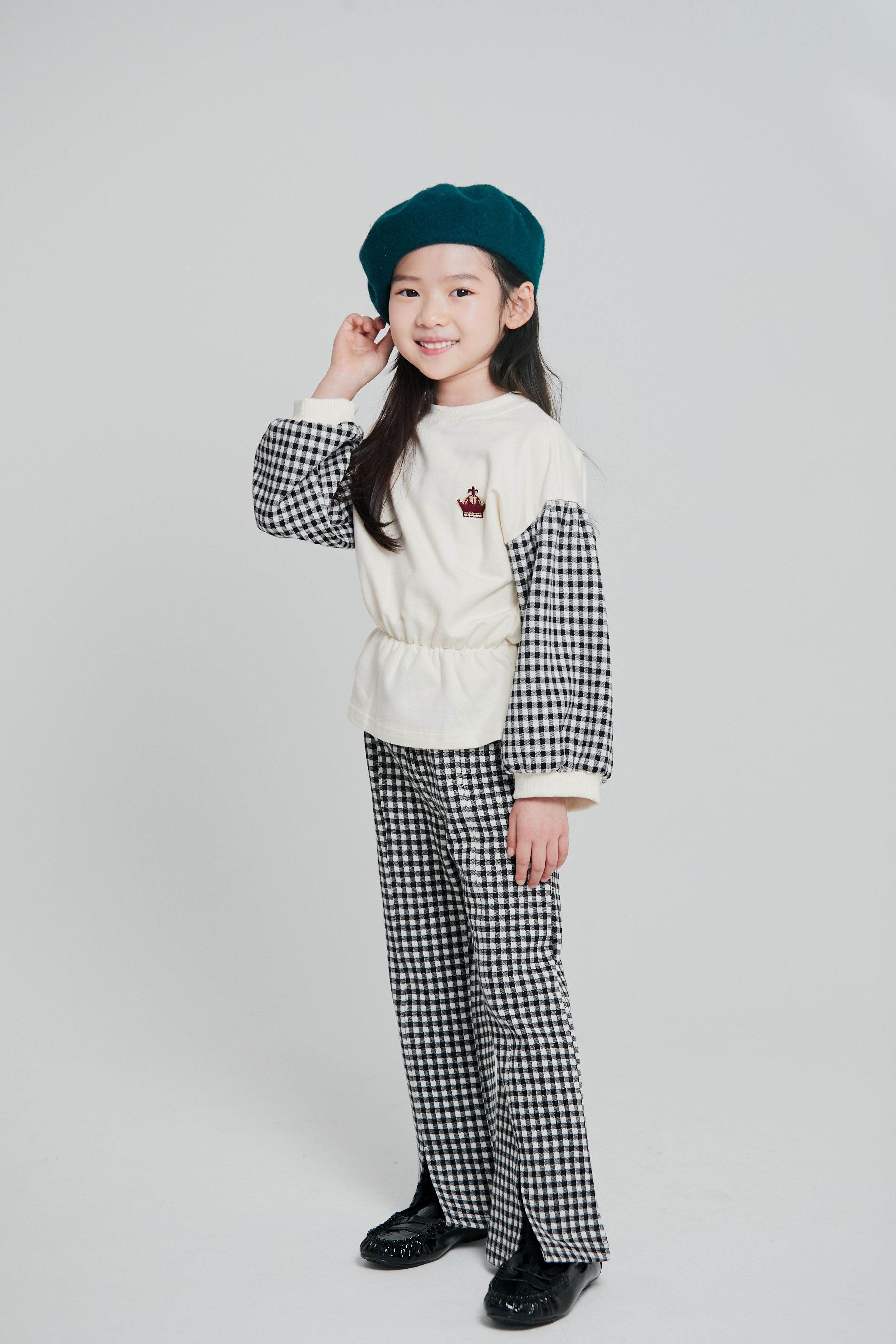 韓國 Coco Bang - 千鳥紋前開衩小喇趴長褲-黑