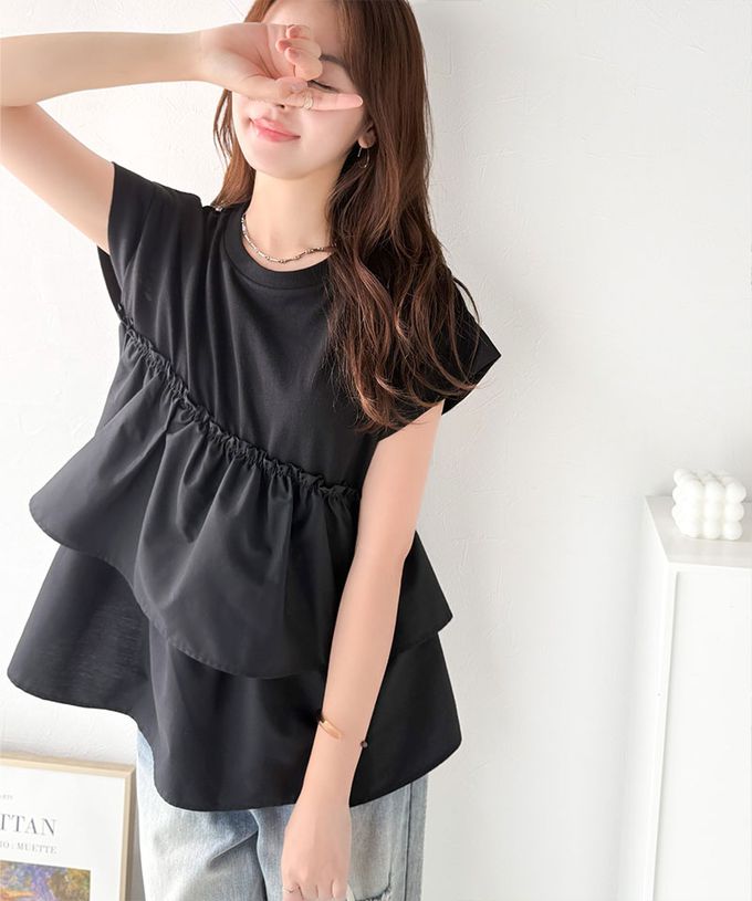 日本 Classical Elf - 浪漫不對稱拼接荷葉短袖上衣-炭灰