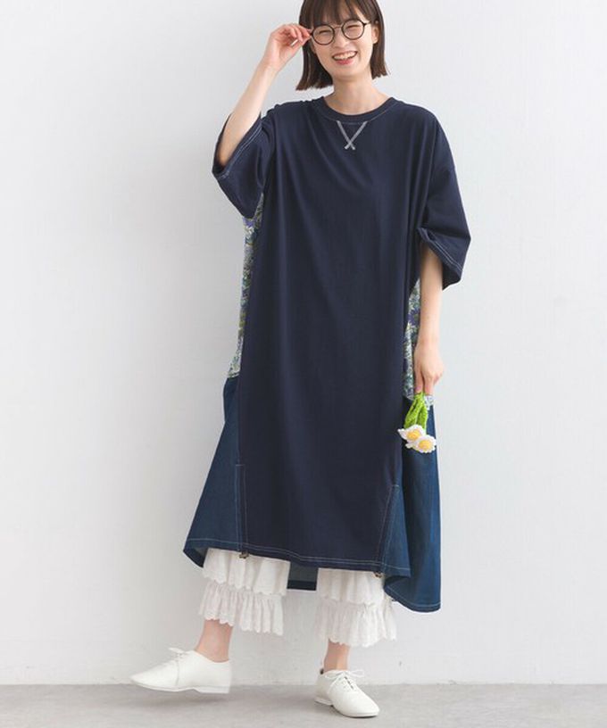 日本 Lupilien - 異素材花朵拼布清新五分袖洋裝-黑