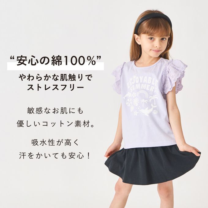 日本 evercloset - 100%棉 蕾絲荷葉邊印花短袖上衣-水藍