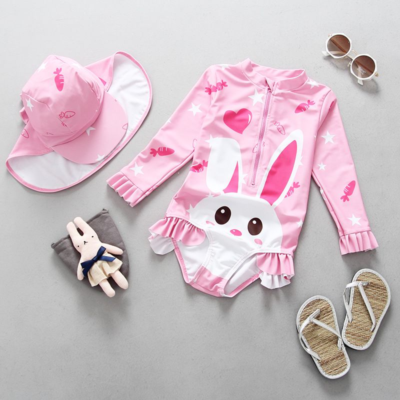 女寶防曬長袖連身泳裝套裝(附帽子)-兔寶寶-粉色