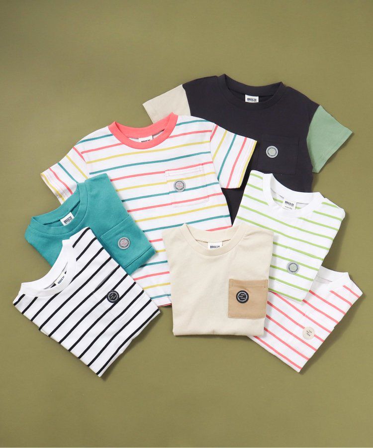 日本 BREEZE - 百搭舒適圓領短袖上衣-條紋-萊姆綠