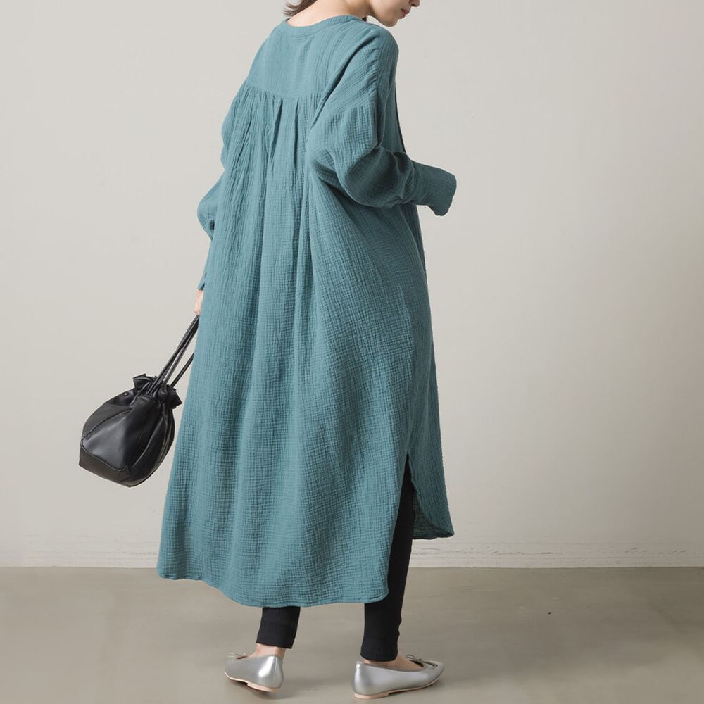 日本 OMNES - 純棉二重紗質感輕薄抓皺感長袖洋裝-綠 (F)