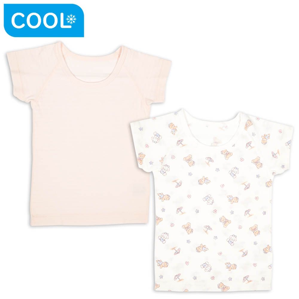 短袖上衣2件組涼爽純棉-兔子 小熊-粉紅色