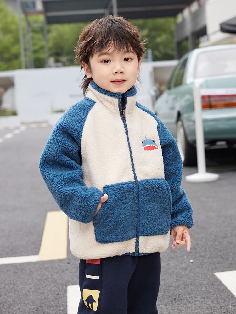 羊羔絨兒童保暖外套-鯊魚-咖啡色