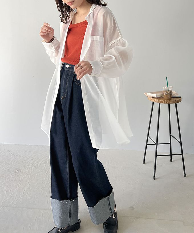 日本 Classical Elf - 優雅滾邊透膚感長袖襯衫-咖啡