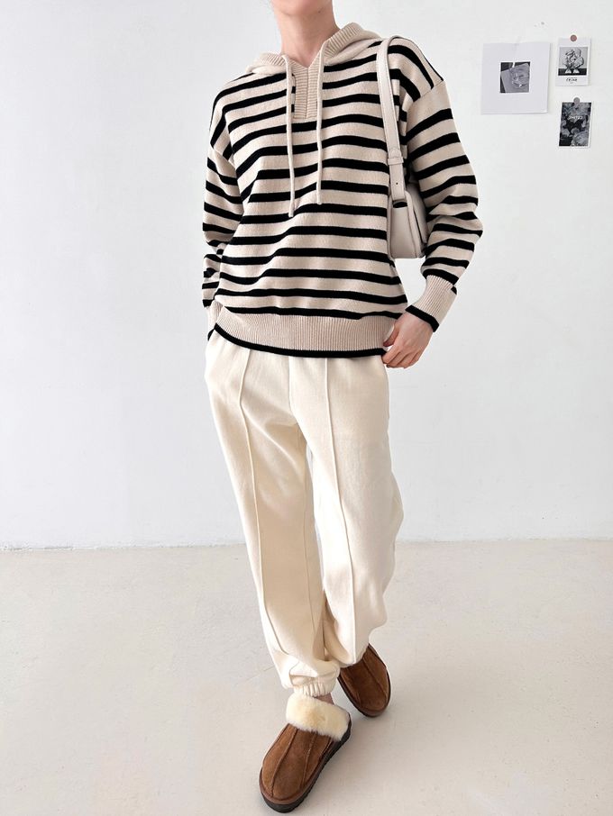 韓國女裝連線 - 經典條紋連帽長袖針織上衣-黑底 (FREE)