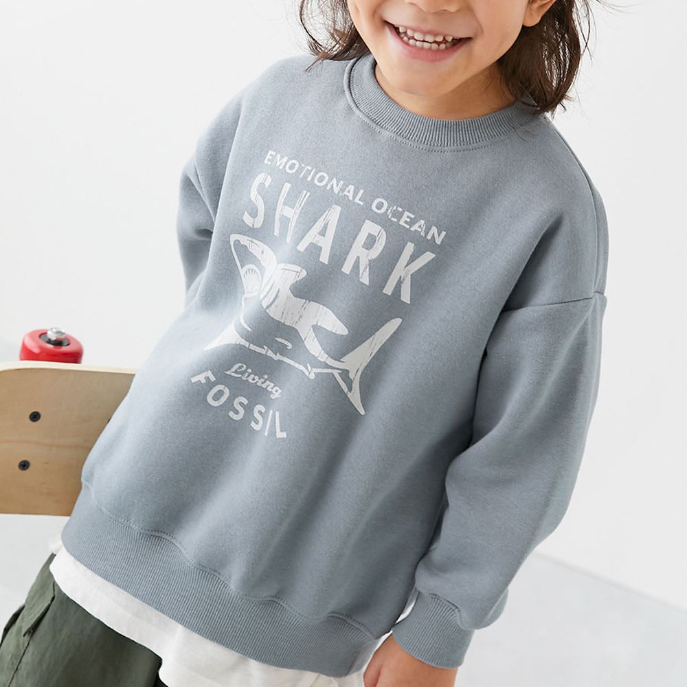 熱銷定番 裏起毛落肩大學長袖上衣-鯊魚-灰藍