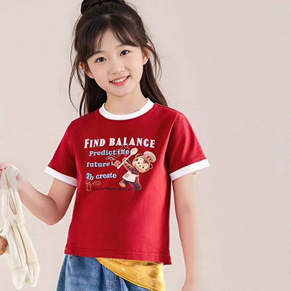 涼感撞色印花短袖上衣/T恤-紅色