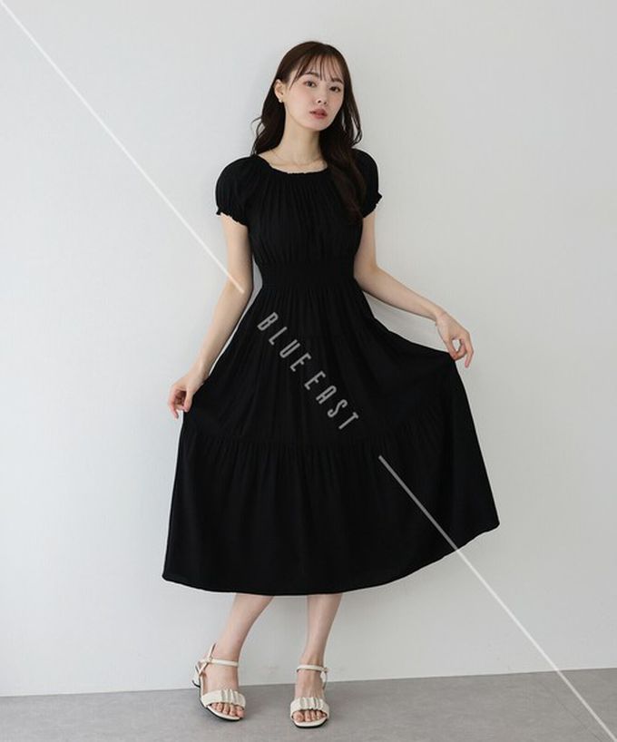 日本 BLUE EAST - 一字領2way露肩迷人短袖洋裝-歐風花卉-海軍藍