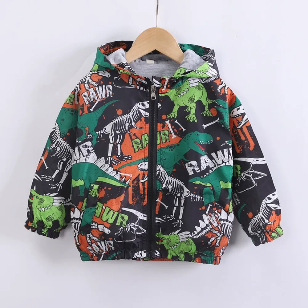 兒童連帽防風外套-恐龍化石-黑色