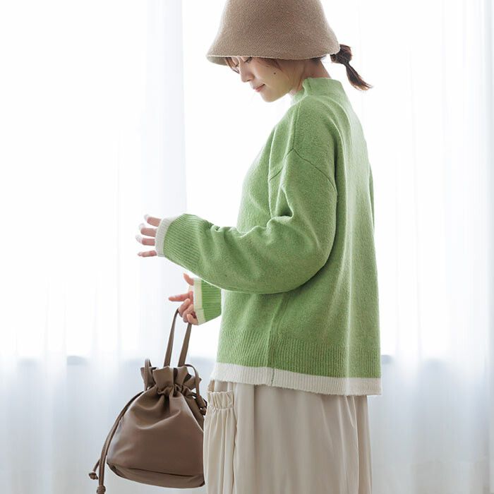 日本 ihuu - 下擺撞色立領針織毛衣-芥黃x杏