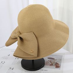可折疊大帽沿防曬草帽-後開衩蝴蝶結-卡其色 (56-58cm)